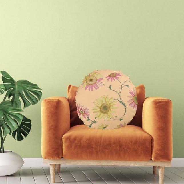 Daisy Wilde bloem Roze & Geel Patroon op Rond Kussen (Creator heeft geüpload)