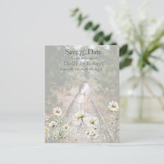 Daisy Wildflower Bewaar de datum Foto QR-code Briefkaart (Staand voorkant)