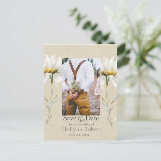 Daisy Wildflower Bewaar de datum Foto QR-code Briefkaart (Staand voorkant)