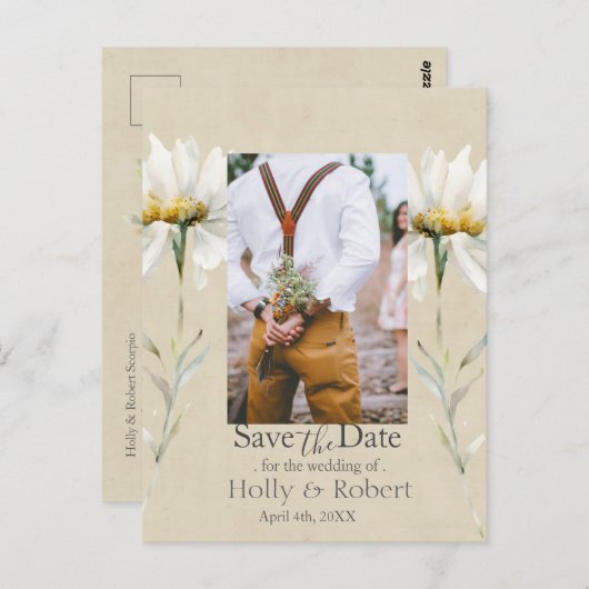 Daisy Wildflower Bewaar de datum Foto QR-code Briefkaart (Voorkant / Achterkant)