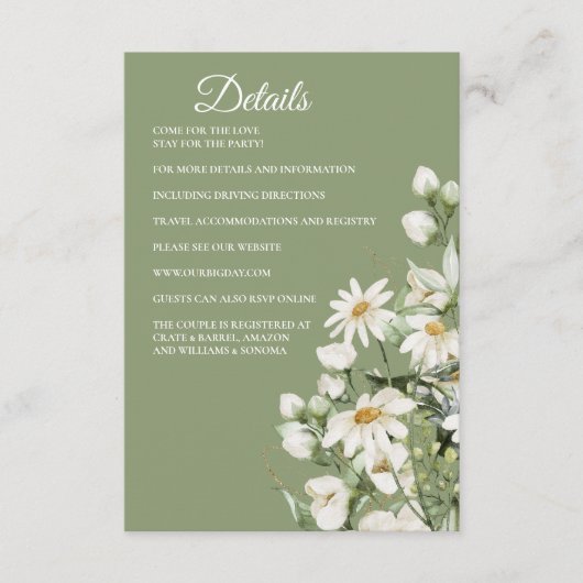 Daisy Wildflower Boho Envelopkaart Details Informatiekaartje (Voorkant)
