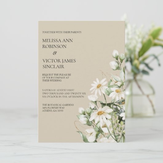 Daisy Wildflower Boho Wedding Invitation Kaart (Staand voorkant)