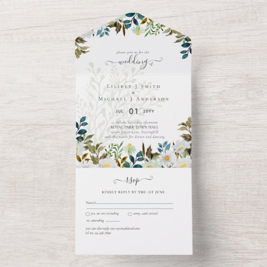 Daisy Wildflower Greenery Wedding All In One Uitnodiging (Binnen)