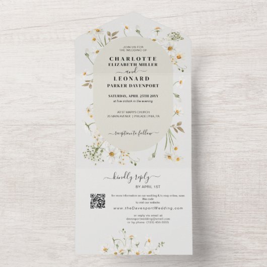 Daisy Wildflower Wedding Qr code Rsvp All In One Uitnodiging (Binnen)