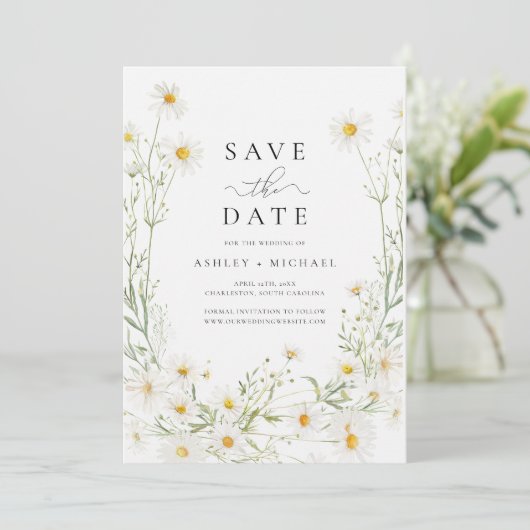 Daisy Wildflower Witte Boho Minimalistisch Save The Date (Staand voorkant)