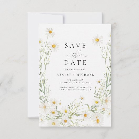 Daisy Wildflower Witte Boho Minimalistisch Save The Date (Voorkant)
