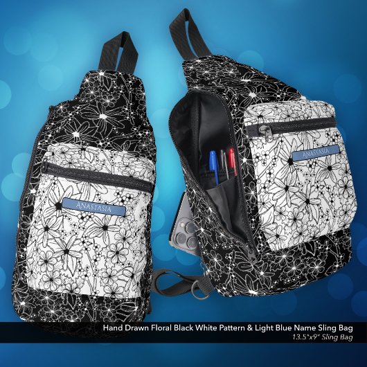 Daisy Wildflower Zwart Wit Patroon & Blauwe Naam Sling Bag