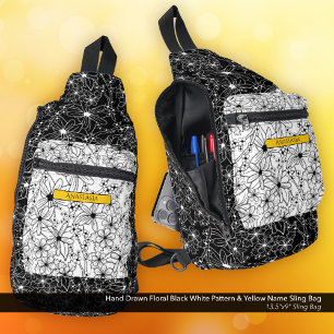 Daisy Wildflower Zwart Wit Patroon Geel Naam Sling Bag
