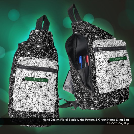 Daisy Wildflower Zwart Wit Patroon & Groene Naam Sling Bag