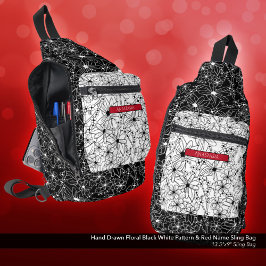 Daisy Wildflower Zwart Wit Patroon & Rode Naam Sling Bag
