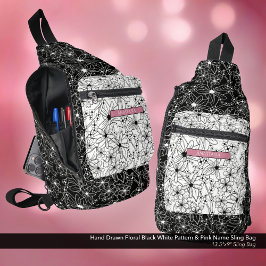 Daisy Wildflower Zwart Wit Patroon & Roze Naam Sling Bag