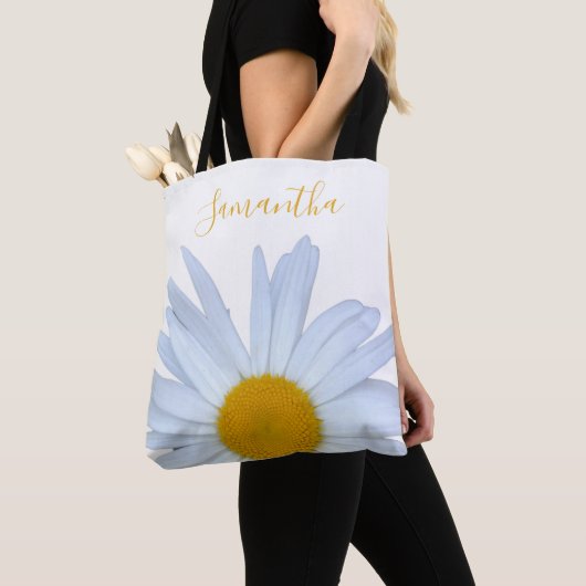 Daisy Wit Geel Script Canvas tas (Dichtbij)