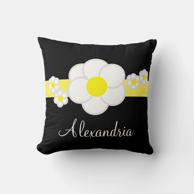 Daisy Wit Zwart Gele Streep Kussen (Voorkant)