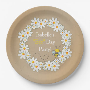 Daisy Wreath and Flying Bumble Bee Birthday Papieren Bordje