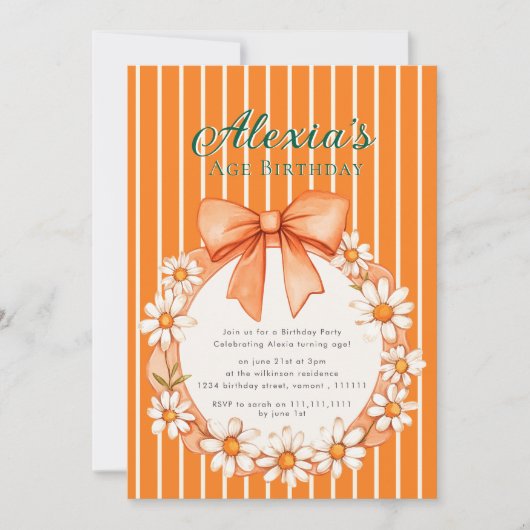 Daisy Wreath Orange Stripe Birthday invitation Kaart (Voorkant)