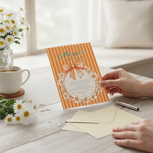 Daisy Wreath Orange Stripe Birthday invitation Kaart