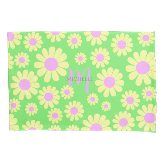 Daisy Yellow Green Monogram Kussensloop (Voorkant)