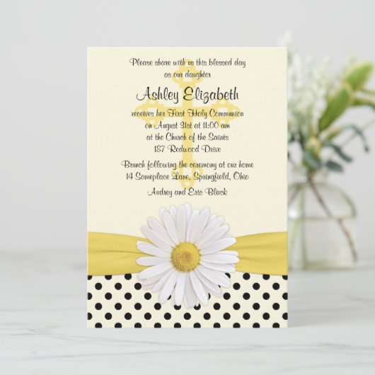 Daisy yellow iory white polka dot First Commune Kaart (Staand voorkant)