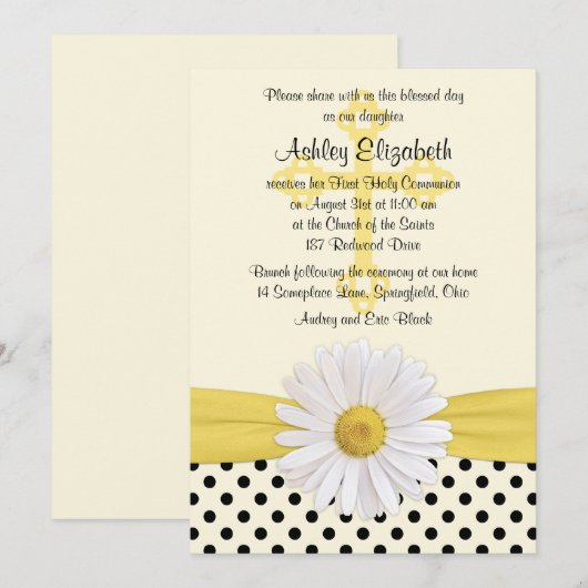 Daisy yellow iory white polka dot First Commune Kaart (Voorkant / Achterkant)