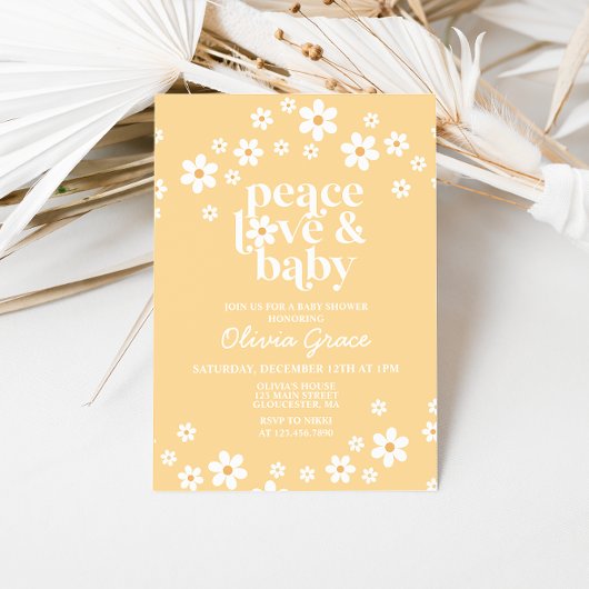 Daisy yellow Peace Love Baby shower Invitation Kaart