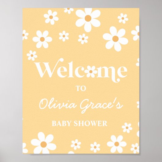 Daisy yellow Retro Peace Love Baby shower Welkom Poster (Voorkant)