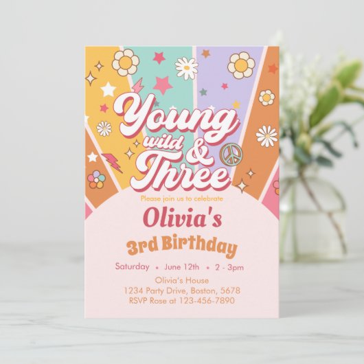 Daisy Young Wild Drie 3e Verjaardag uitnodiging (Staand voorkant)
