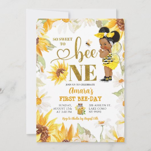 Daisy Zonnebloem Afro Meisje Eerste Bijendag Verja Kaart (Voorkant)