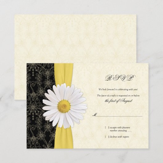 Daisy Zwart Geel, Ivoor Huwelijksreactiekaart RSVP Kaartje (Voorkant / Achterkant)