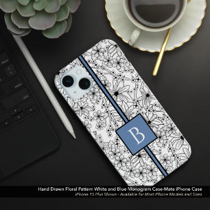 Daisy Zwart Wit Bloempatroon Blauw Monogram iPhone 15 Mini Hoesje