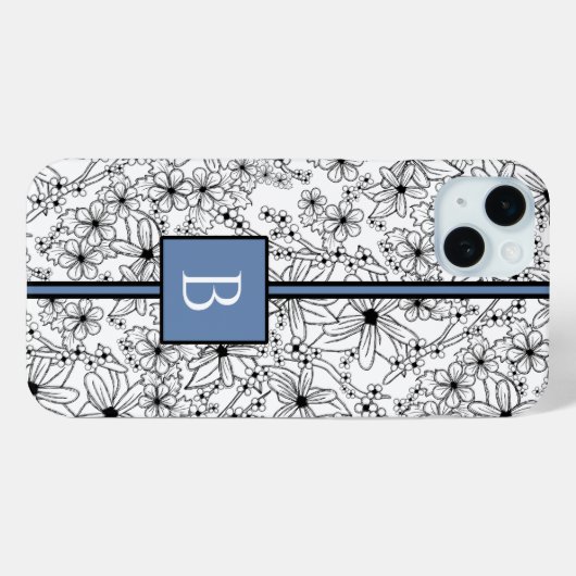 Daisy Zwart Wit Bloempatroon Blauw Monogram Case-Mate iPhone Case (Achterkant (horizontaal))
