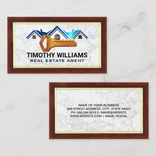 Dak en sleutels | houtrand | Marmer Visitekaartje (Voorkant / Achterkant)