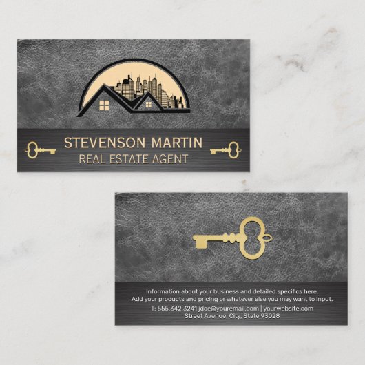 Dak en Stad | Leer | Gouden Skeletsleutel Visitekaartje (Voorkant / Achterkant)