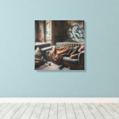 Dakloos Man Napping in verlaten gebouw Canvas Afdruk (Insitu (Houten vloer))