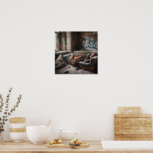 Dakloos Man Napping in verlaten gebouw Poster (Keuken)