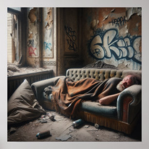 Dakloos Man Napping in verlaten gebouw Poster