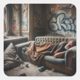 Dakloos Man Napping in verlaten gebouw Vierkante Sticker