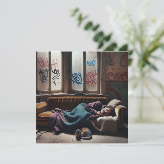 Dakloos Man Slapen in verlaten gebouw (Staand voorkant)