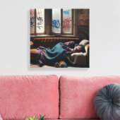 Dakloos Man Slapen in verlaten gebouw Canvas Afdruk (Insitu (Woonkamer))