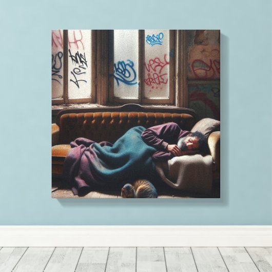 Dakloos Man Slapen in verlaten gebouw Canvas Afdruk (Insitu (Houten vloer))