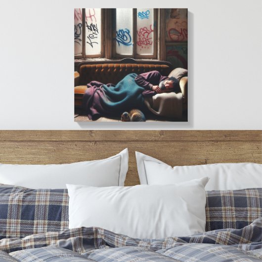 Dakloos Man Slapen in verlaten gebouw Canvas Afdruk (Insitu (Slaapkamer))