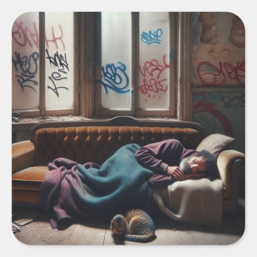 Dakloos Man Slapen in verlaten gebouw Vierkante Sticker (Voorkant)