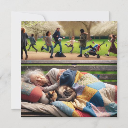 Dakloze dame napping op een parkbank (Voorkant)