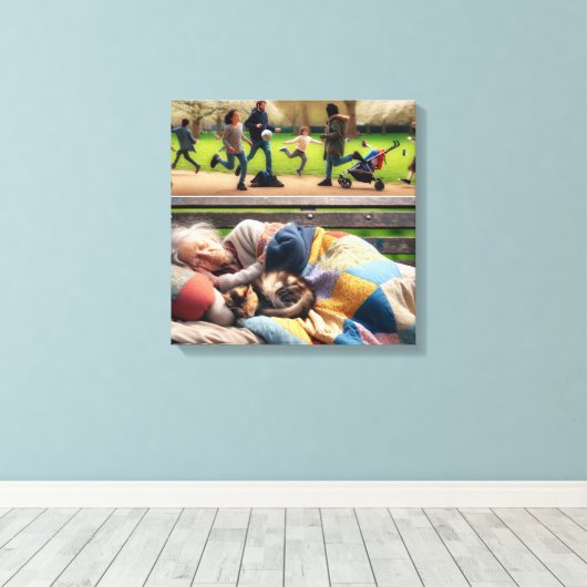 Dakloze dame napping op een parkbank canvas afdruk (Insitu (Houten vloer))