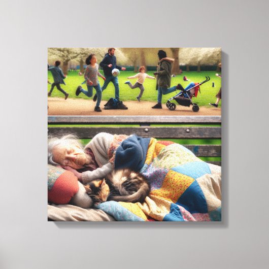 Dakloze dame napping op een parkbank canvas afdruk (Voorkant)