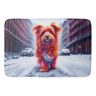 Dakloze hond in koude besneeuwde stadsavond badmat