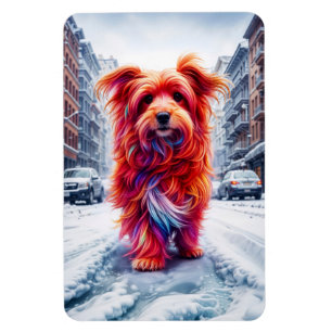 Dakloze hond in koude besneeuwde stadsavond magneet