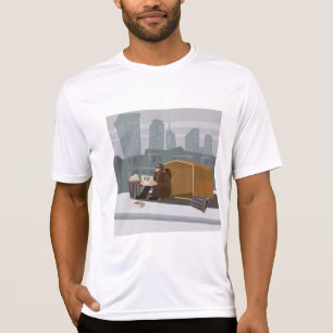 Dakloze man houdt hulp bord vast, stedelijke armoe t-shirt