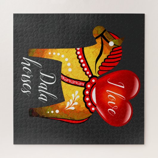 Dala folkpaard, wit/zwart/geel/rood hart legpuzzel (Horizontaal)