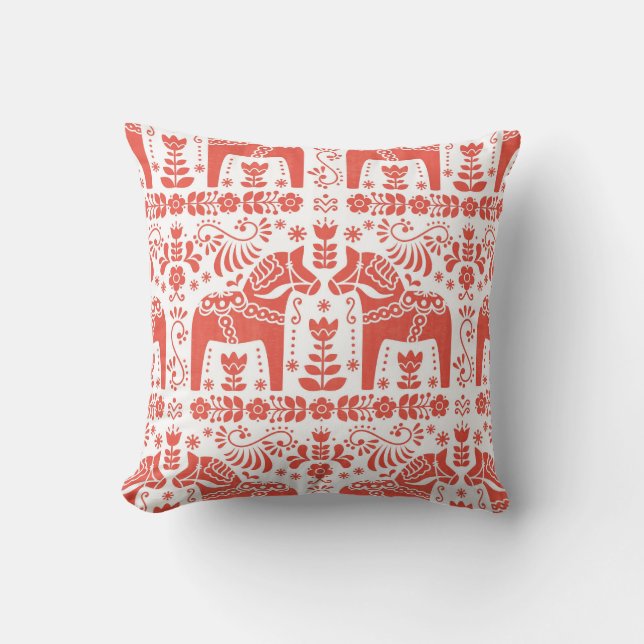 Dala Horse, Coral & White Folk Print Kussen (Voorkant)