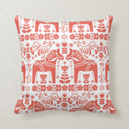 Dala Horse, Coral & White Folk Print Kussen
